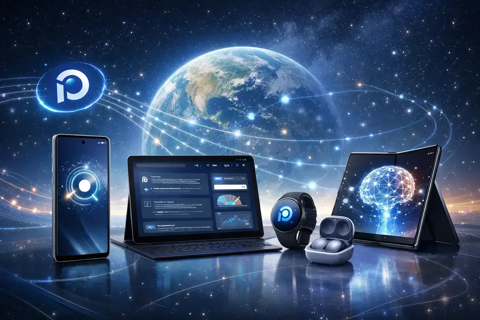 Samsung Galaxy devices connected through advanced AI in a futuristic smart ecosystem.