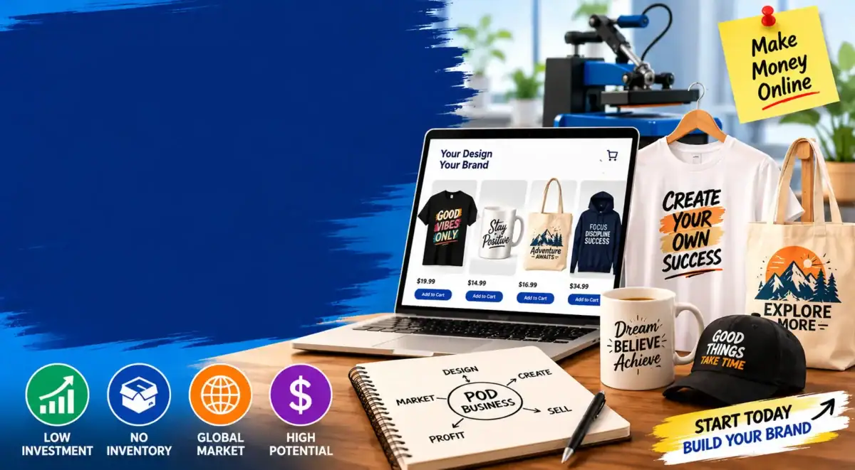 Print-on-demand business workspace with custom products and eCommerce store setup.