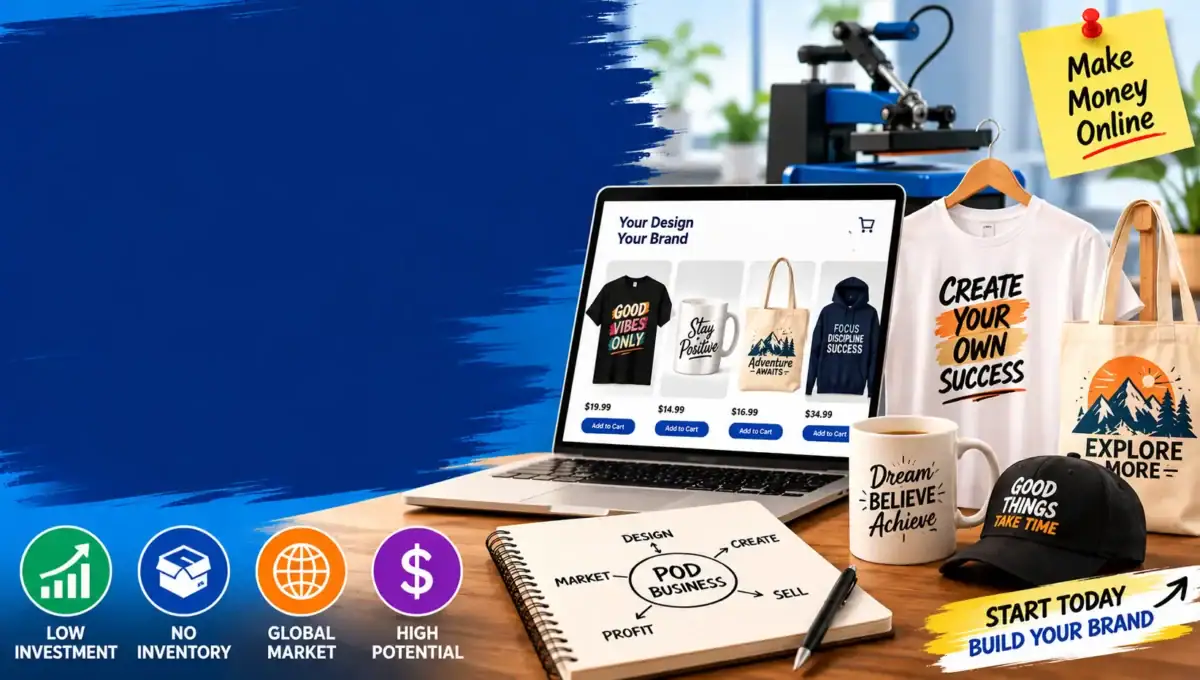 Print-on-demand business workspace with custom products and eCommerce store setup.