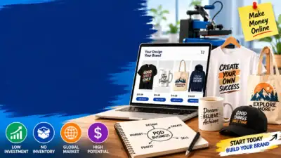 Print-on-demand business workspace with custom products and eCommerce store setup.