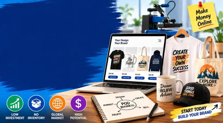 Print-on-demand business workspace with custom products and eCommerce store setup.